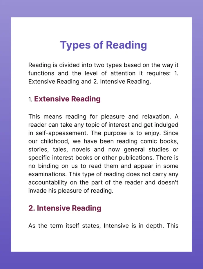 image showing type of reading for b.ed 1st semester practicum -Reading and comprehension exercises